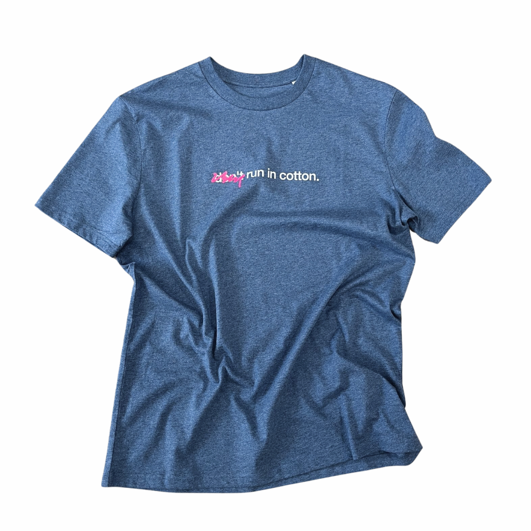 tee, don't run in cotton, heather blue.
