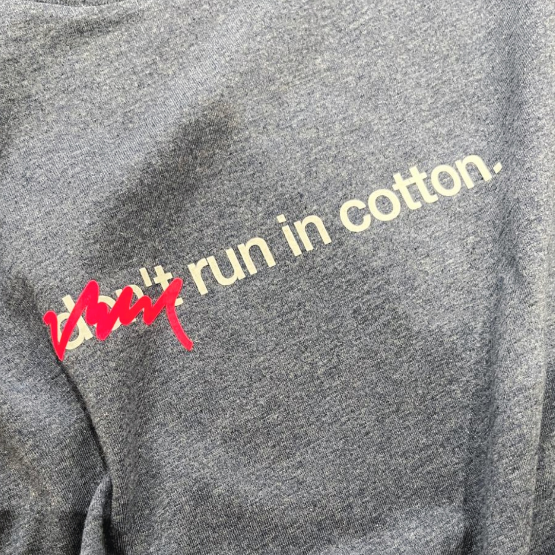 tee, don't run in cotton, heather blue.
