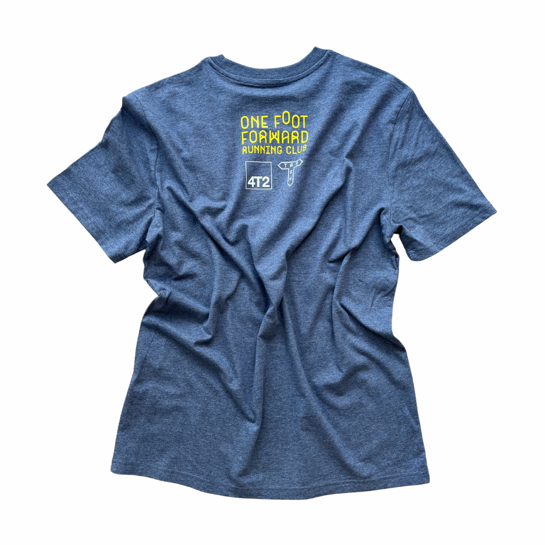 tee, don't run in cotton x track brewing, heather blue.