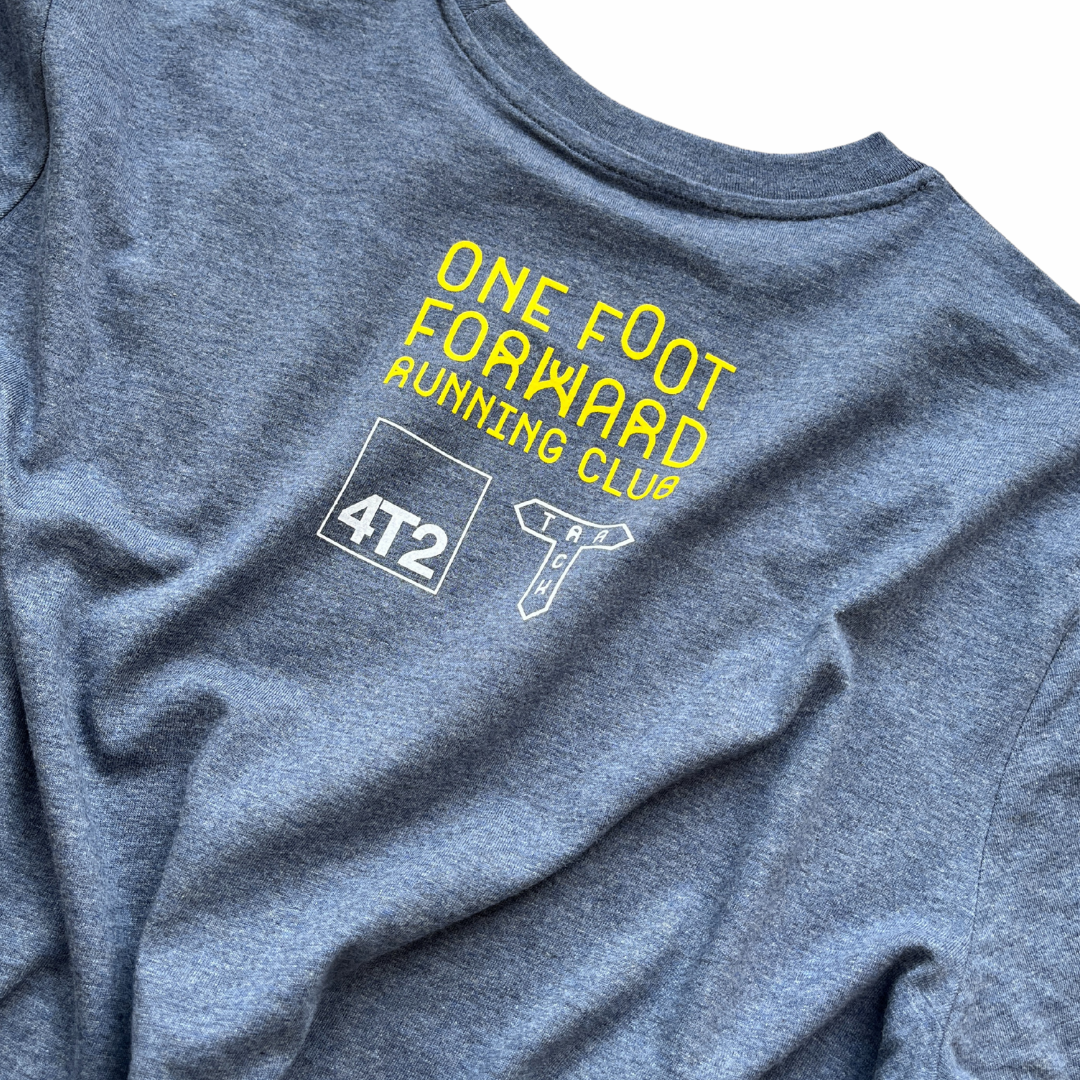 tee, don't run in cotton x track brewing, heather blue.