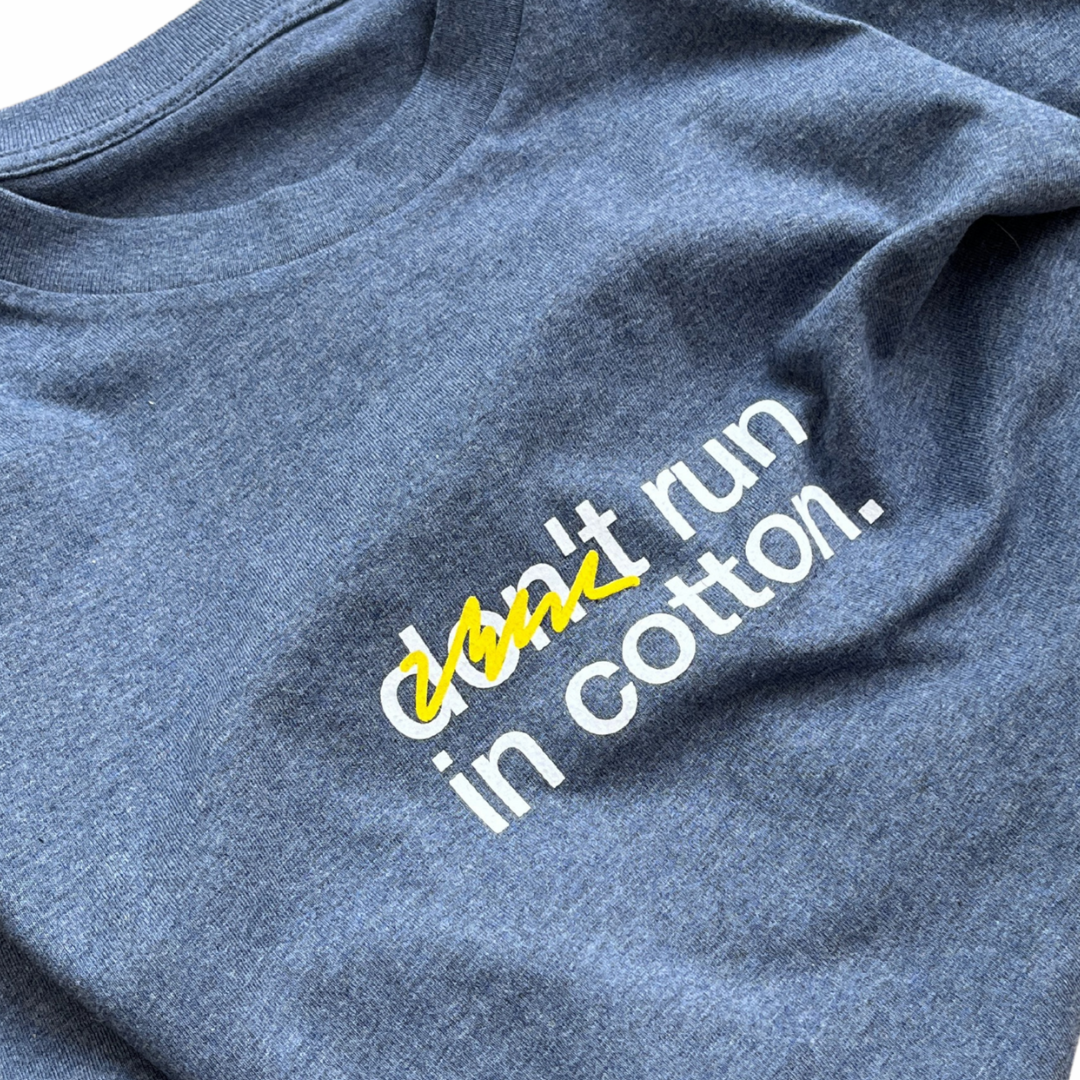 tee, don't run in cotton x track brewing, heather blue.