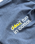 tee, don't run in cotton x track brewing, heather blue.