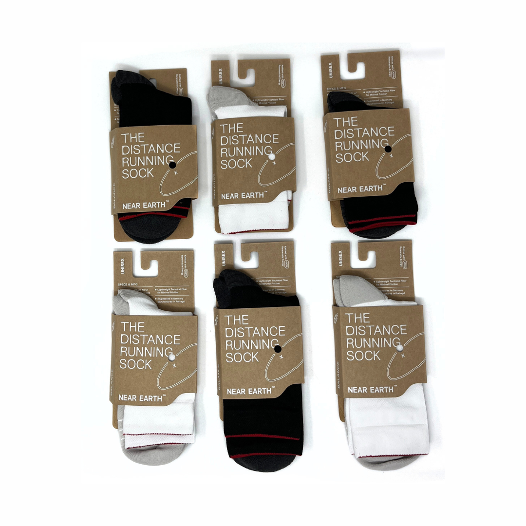 near earth, distance running sock, crew length, black