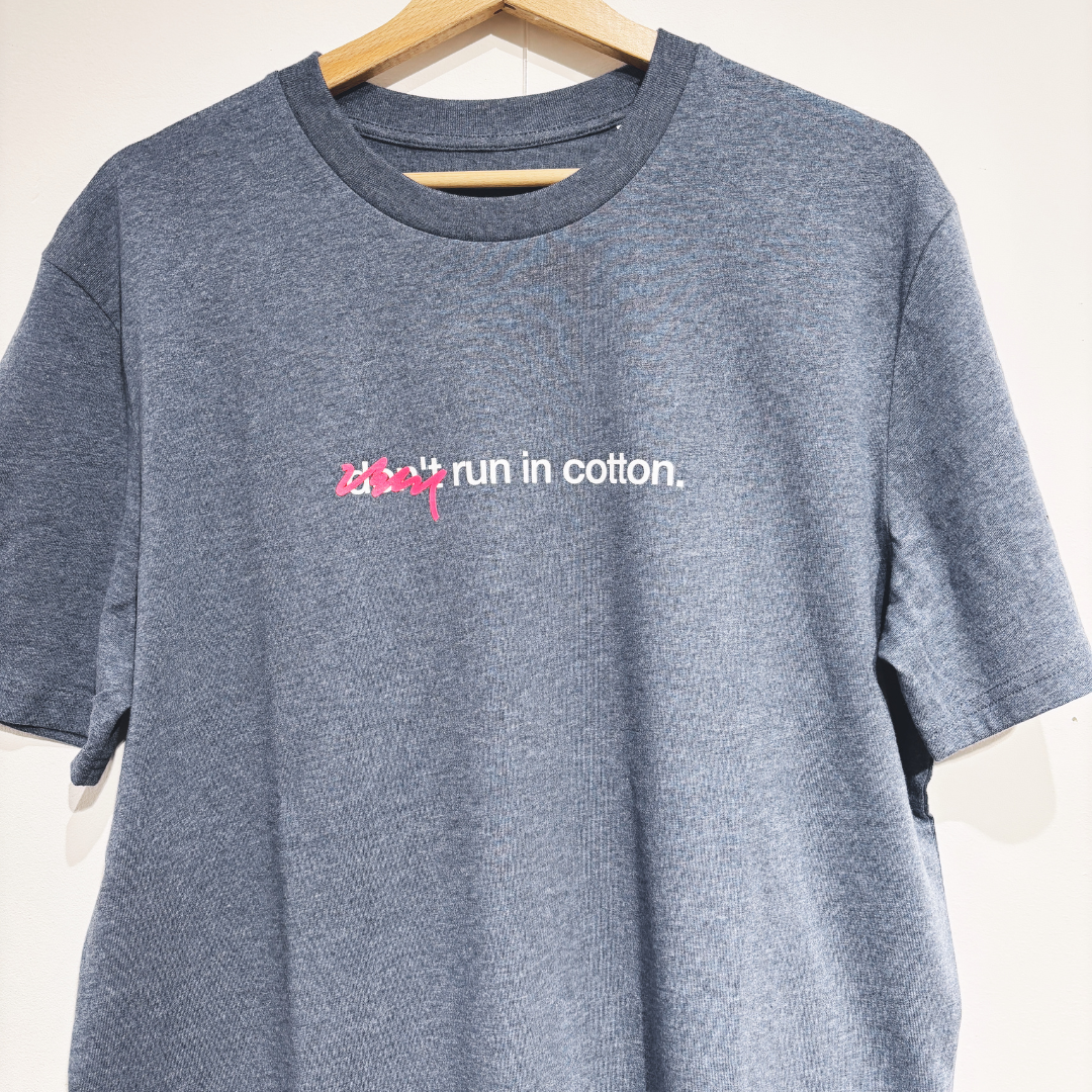 tee, don't run in cotton, heather blue.