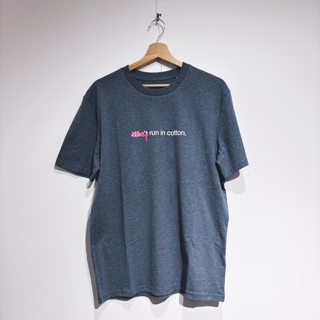 tee, don't run in cotton, heather blue.