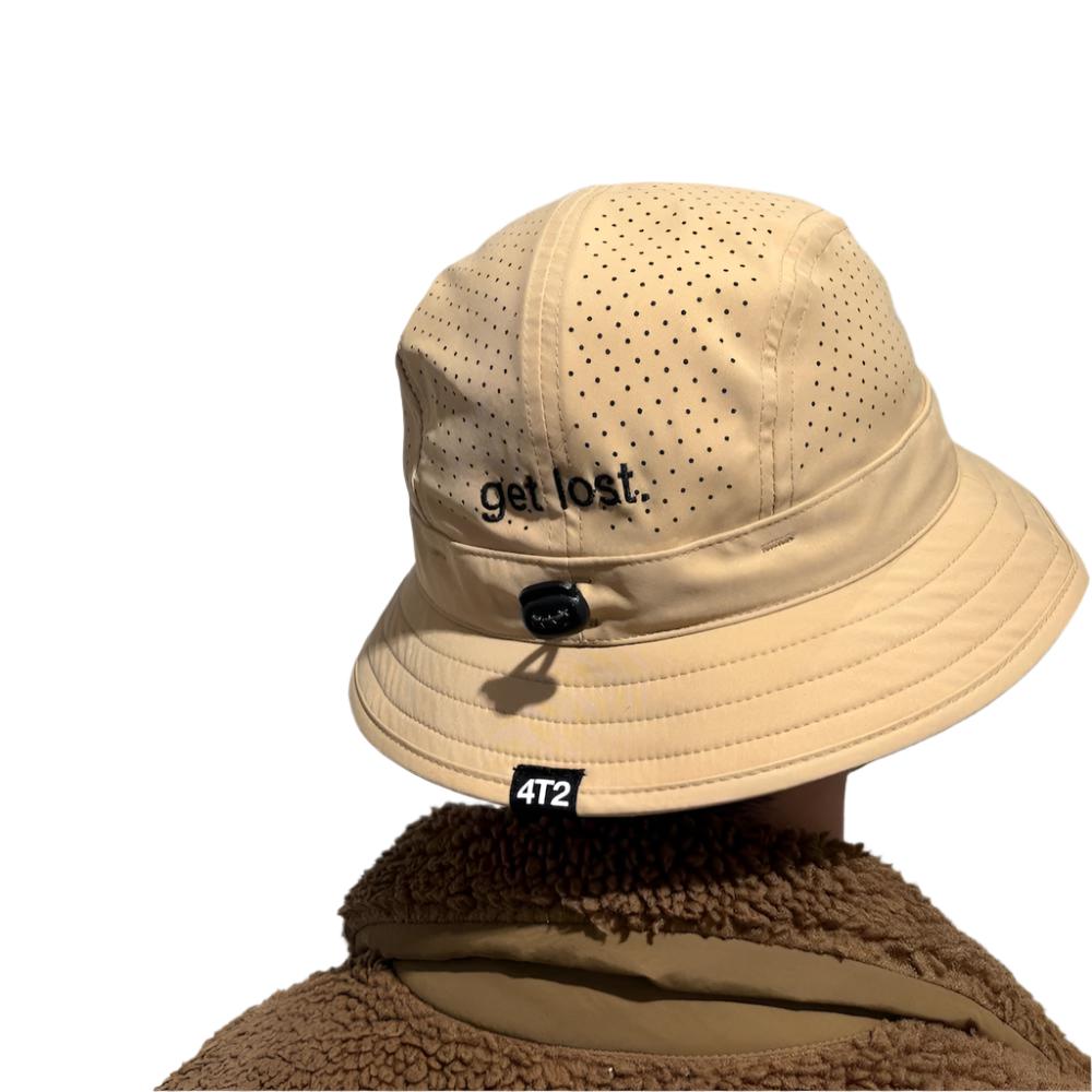 technical adjustable bucket hat, get lost, camel.