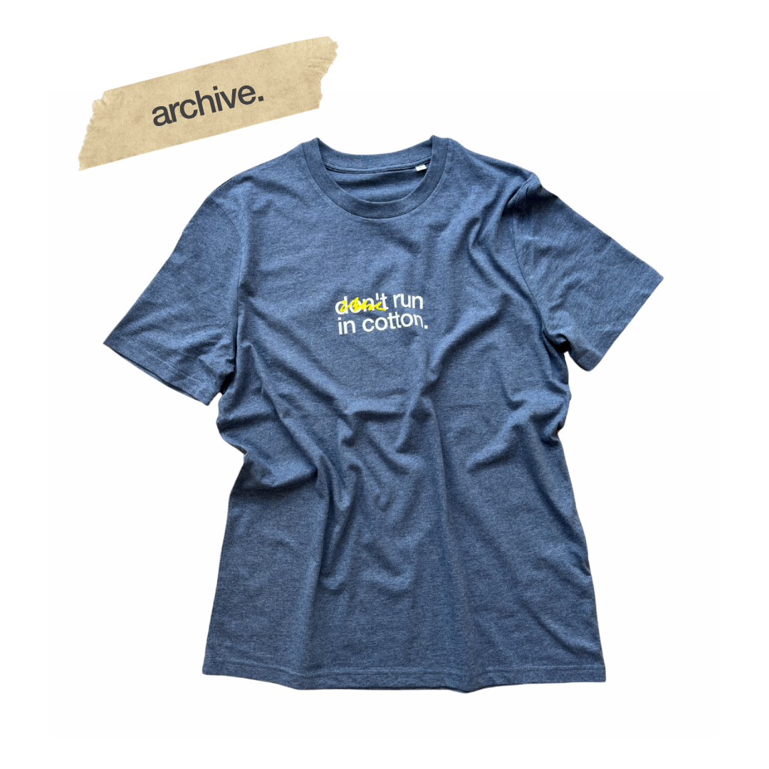 tee, don't run in cotton x track brewing, heather blue, archive.