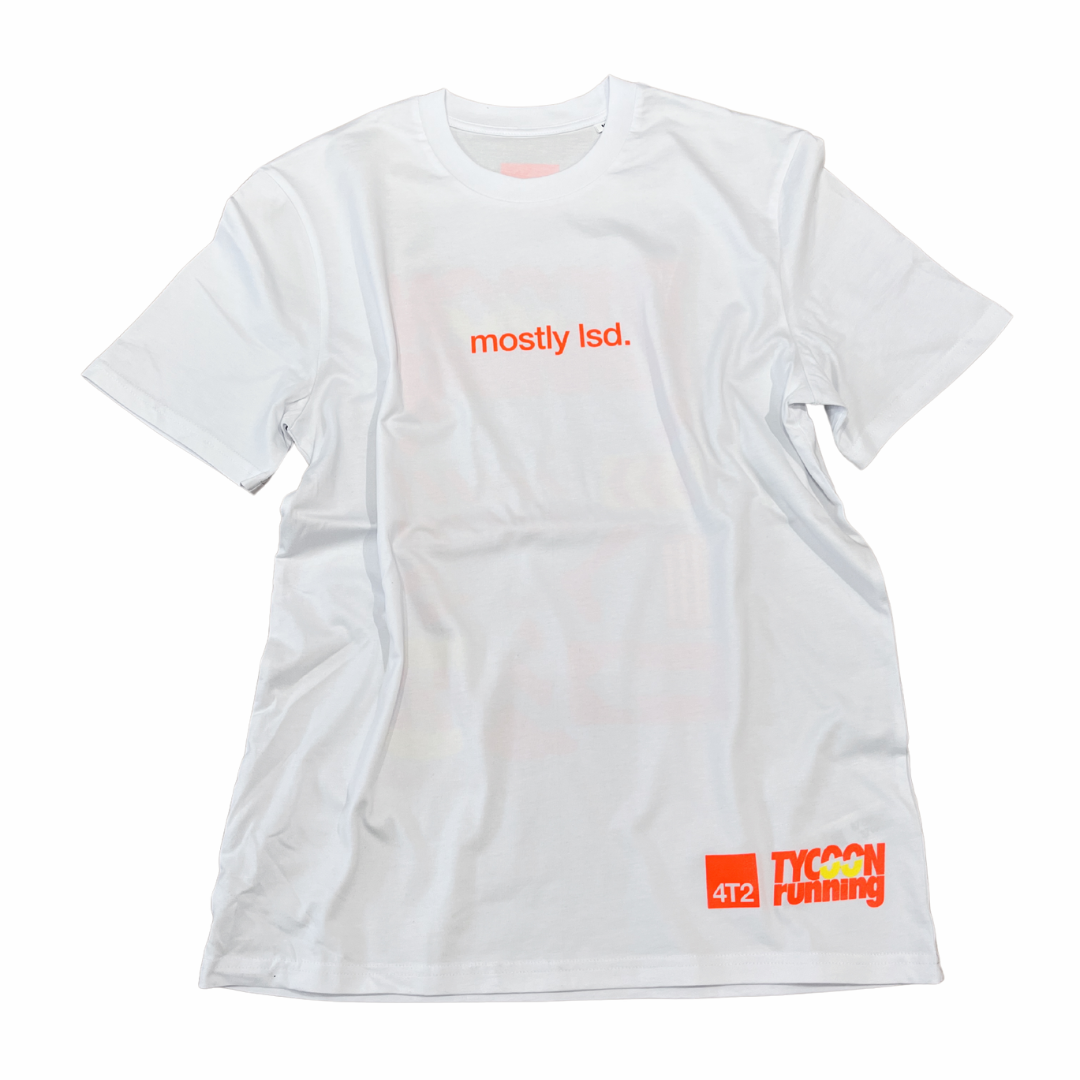 tee, mostly lsd. tycoon running, white.