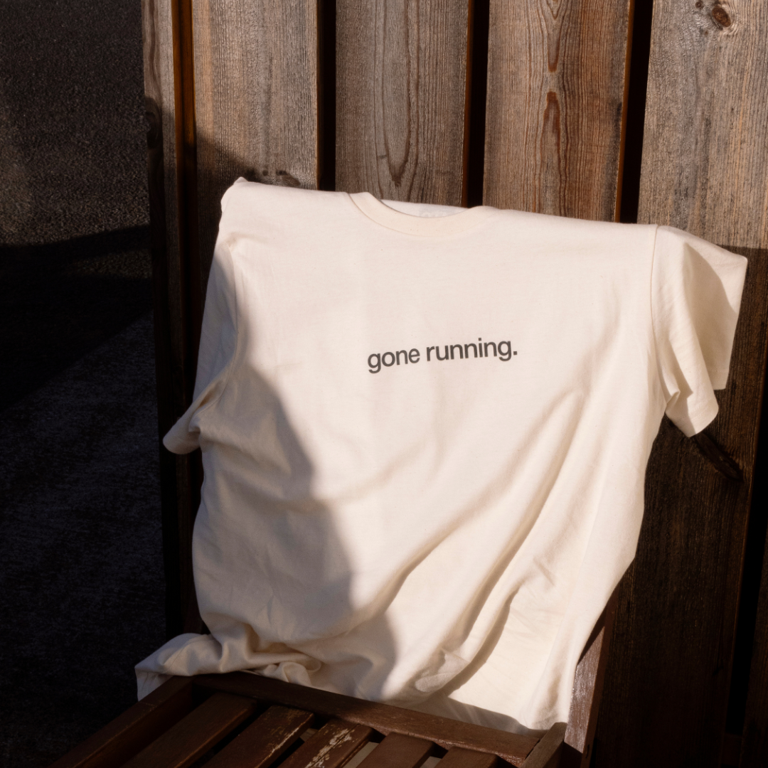 tee, gone running. raw white.